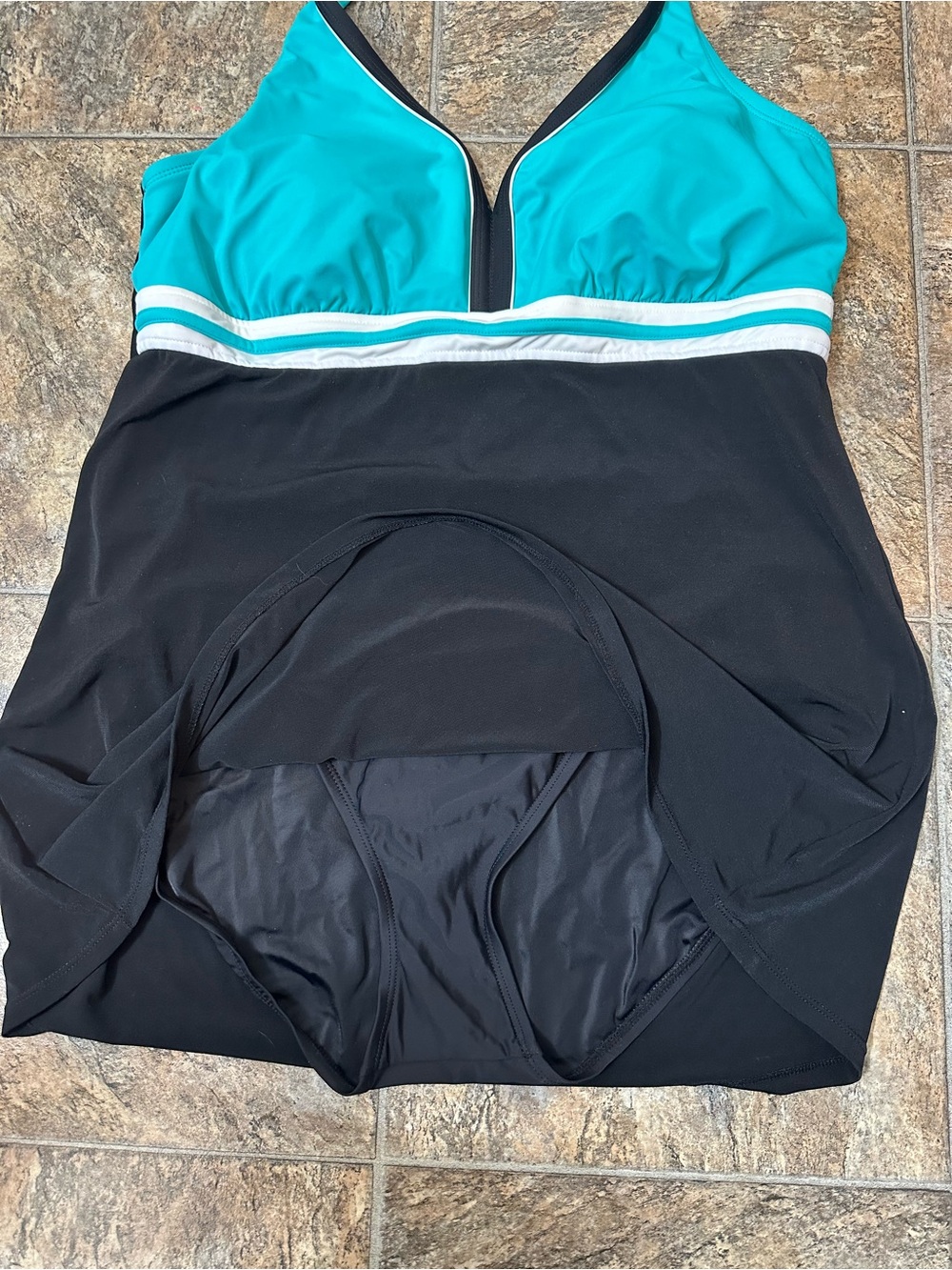 Catalina Turquoise and Black Halter One-Piece Swimdress- 2X (18W-20W) - Picture 3 of 5
